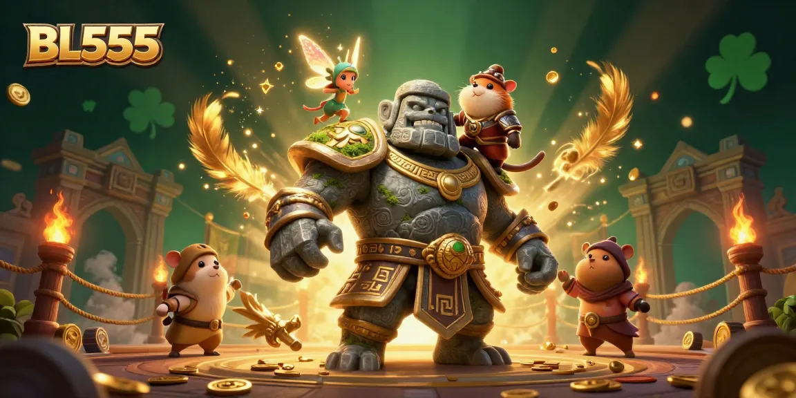 Join the action at BL555 with a stone guardian, fairy magic, and a heroic hamster knight battling in a vibrant casino