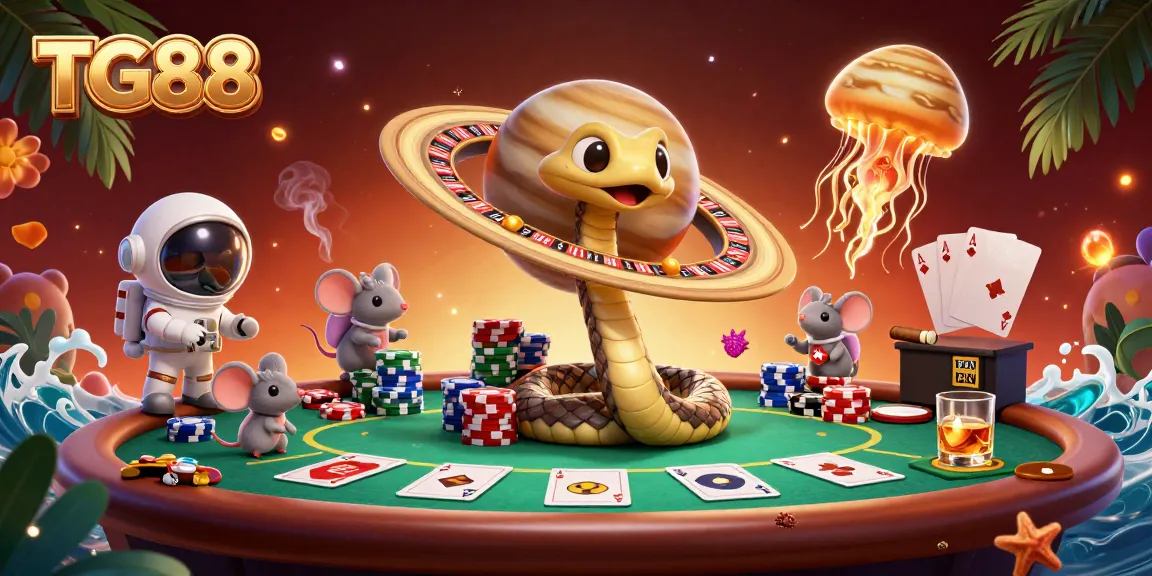 Engage in exciting bets at TG88 with a cosmic casino scene filled with vibrant characters and game elements.