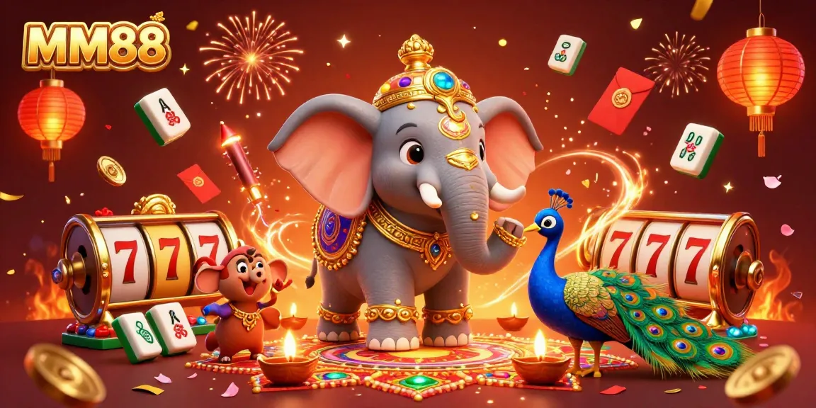 Experience the thrilling casino ambiance with MM88, featuring a vibrant elephant and exciting gaming elements.