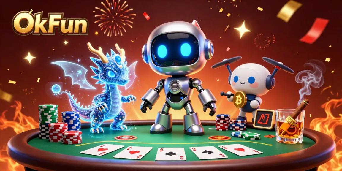 Experience thrilling poker action with OkFun's vibrant 3D illustration showcasing a cyberpunk robot and AI dragon.