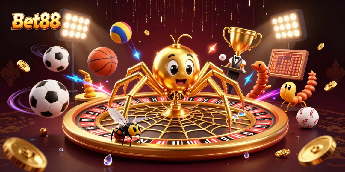 Bet88 spider spins roulette web while a fly nervously places bets amidst dynamic sports elements.