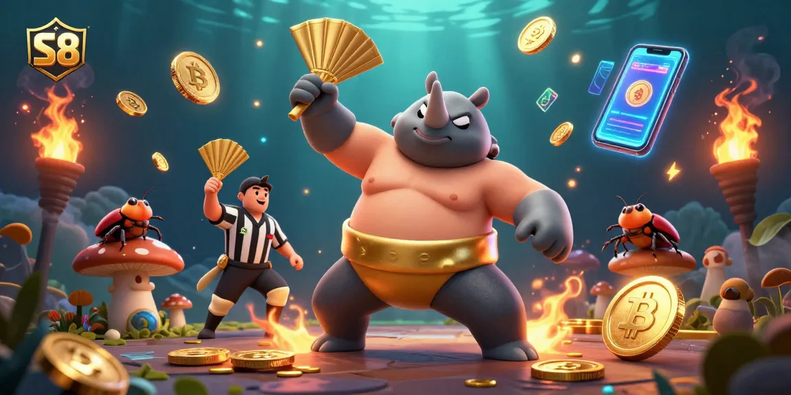 Experience S8's thrilling bets with a sumo beetle stomp sending coins flying in this vibrant scene.
