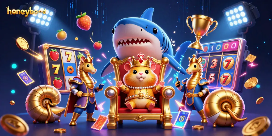 Engage with honeyblood's epic showdown at a colorful slots kingdom, featuring a golden hamster king.