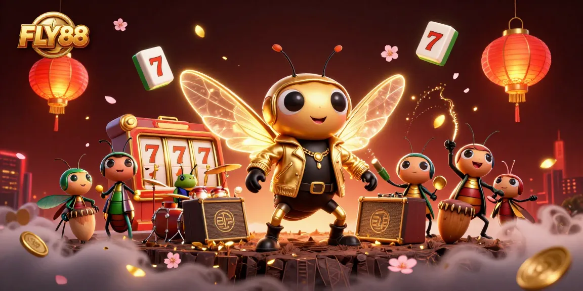 FLY88 showcases a vibrant 3D casino scene with a cartoon rock star, highlighting slot reels and festive elements.
