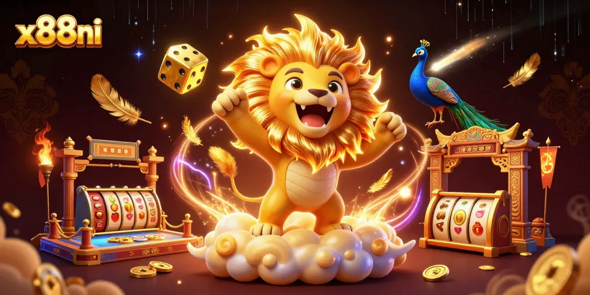 Experience thrilling gaming at x88ni with a roaring lion, floating dice, and dynamic casino elements.