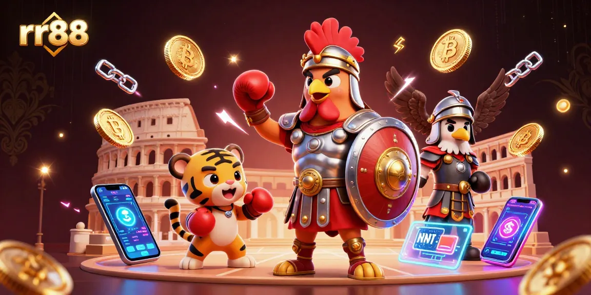 Experience thrilling battles at rr88 with a gladiator rooster and tiger cub in a vibrant 3D casino