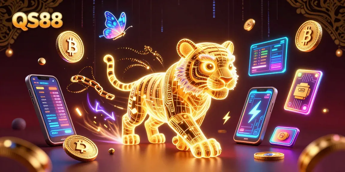 Engage with QS88's vibrant digital casino world, featuring a golden tiger and cryptocurrency elements.