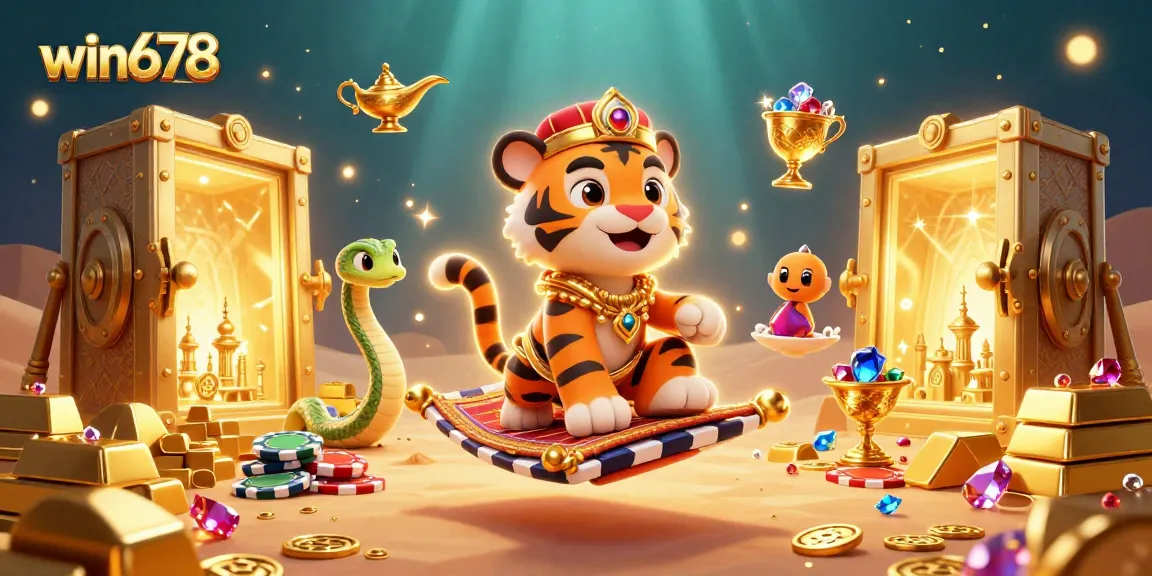 Experience the thrill of win678 with a vibrant casino themed illustration featuring a magical tiger sultan.