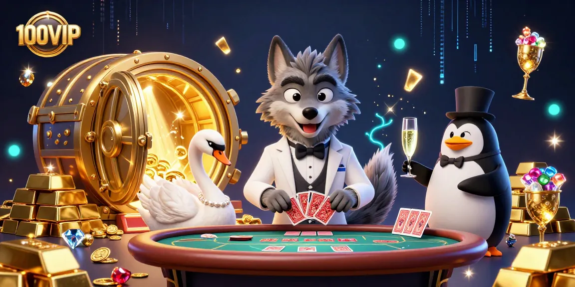 Engage with thrilling baccarat at 100VIP, featuring a charming wolf dealer and an elegant swan.