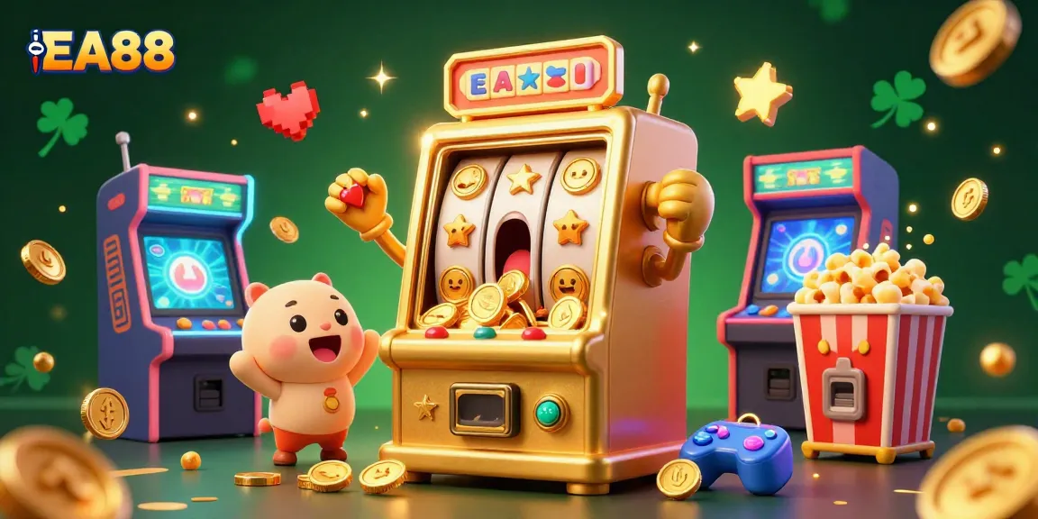 Experience the thrill of EA88 as a golden slot machine hits a jackpot, surrounded by cheering machines and game elements.