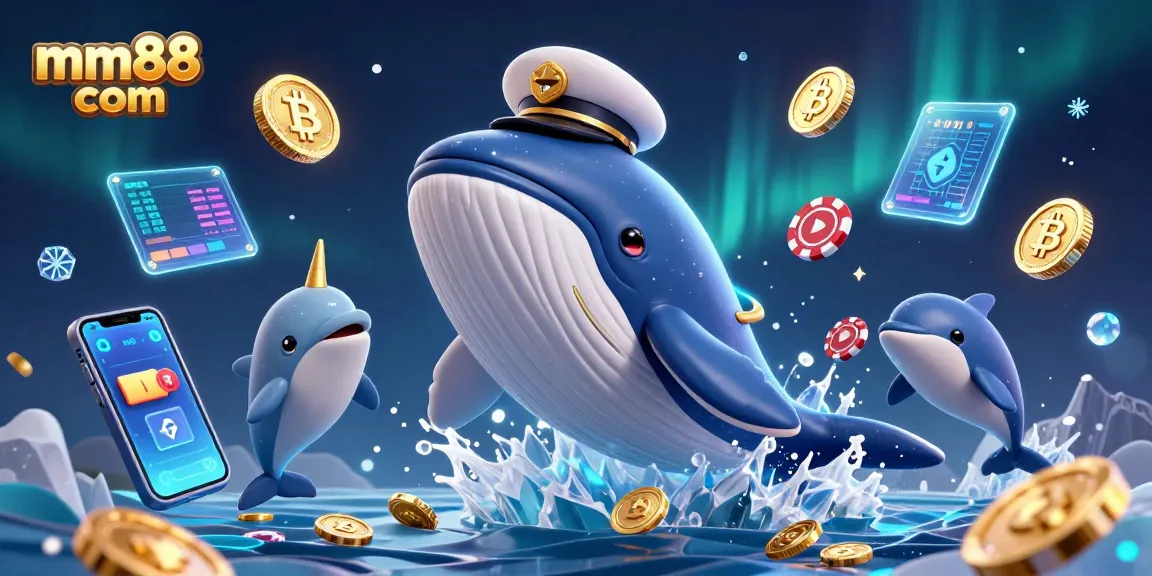 Engage with mm88 com's exciting universe where a playful cartoon whale and friends explore a treasure of poker chips and crypto coins.