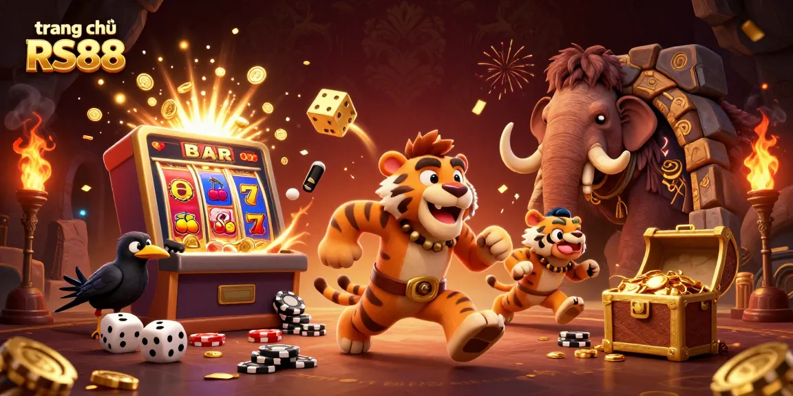 Engage in thrilling gaming at trang chủ RS88 with a lively scene of a prehistoric casino featuring unique characters and vibrant gaming elements.