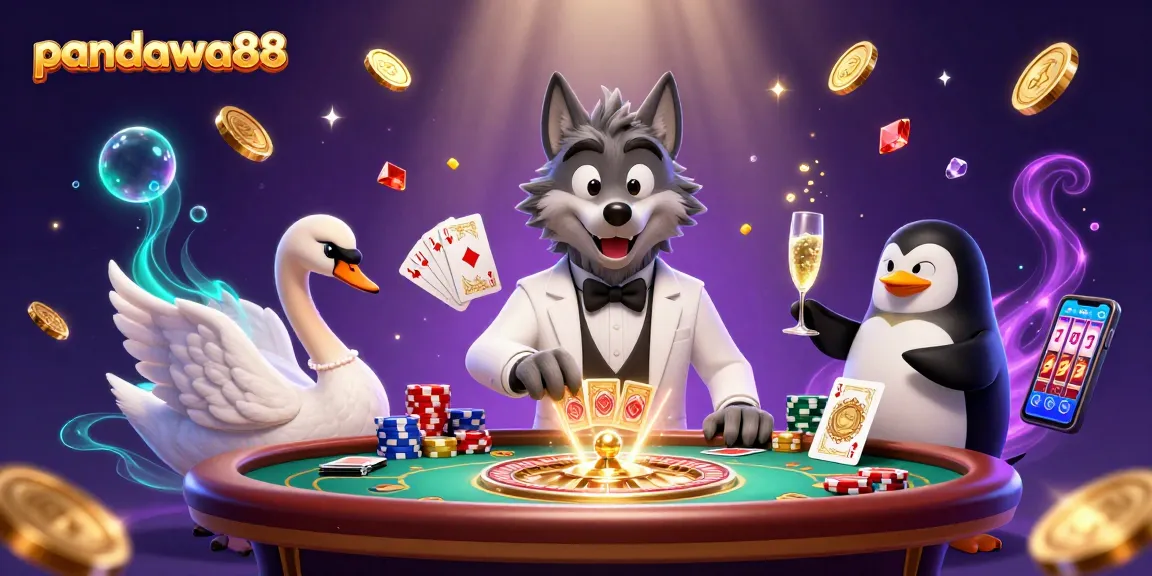 Experience excitement at pandawa88 with a debonair wolf, elegant swan, and penguin sommelier in a lavish casino