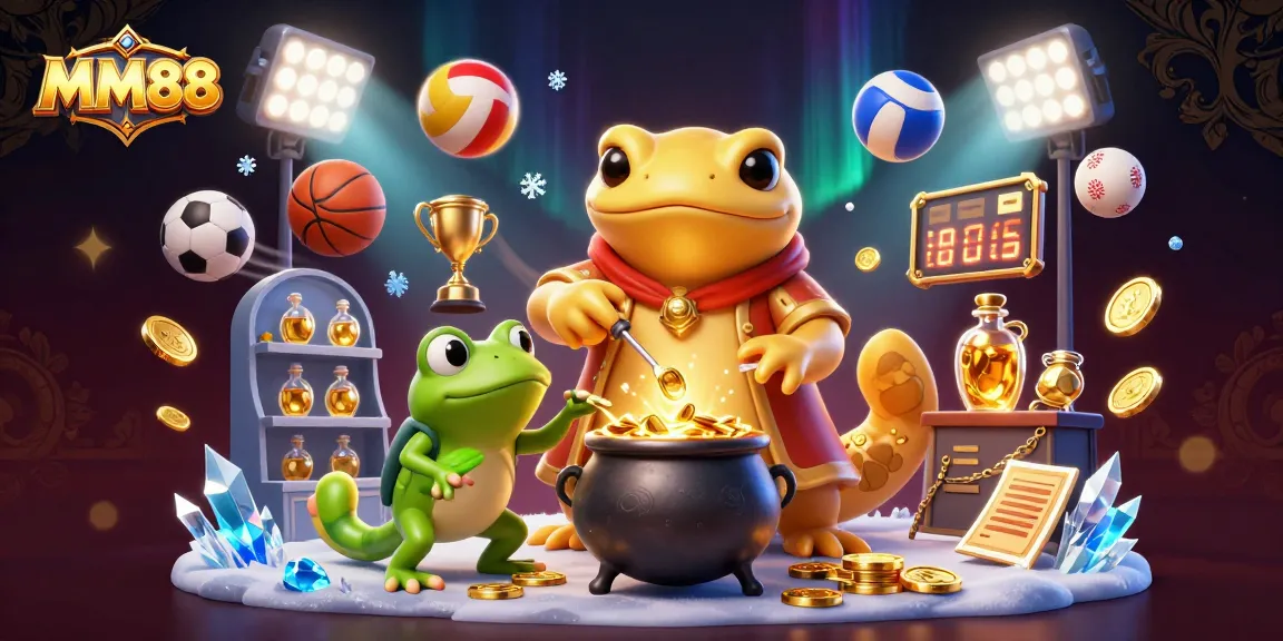 Experience MM88 with a dynamic 3D illustration of an alchemist creating gold coins amid sports elements.