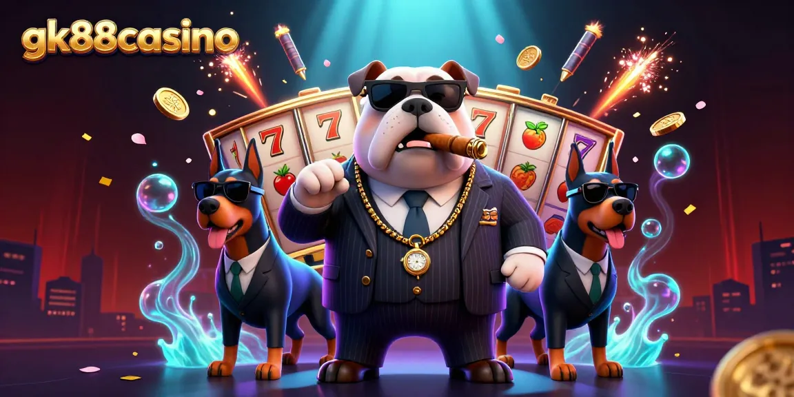 Experience thrilling action at gk88casino with a mafia bulldog and Doberman bodyguards amidst slot reels and festive decorations.