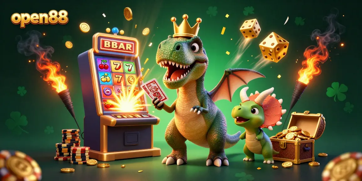 Experience thrilling gameplay at open88 with a cartoon T-Rex shuffling cards and exciting casino elements.