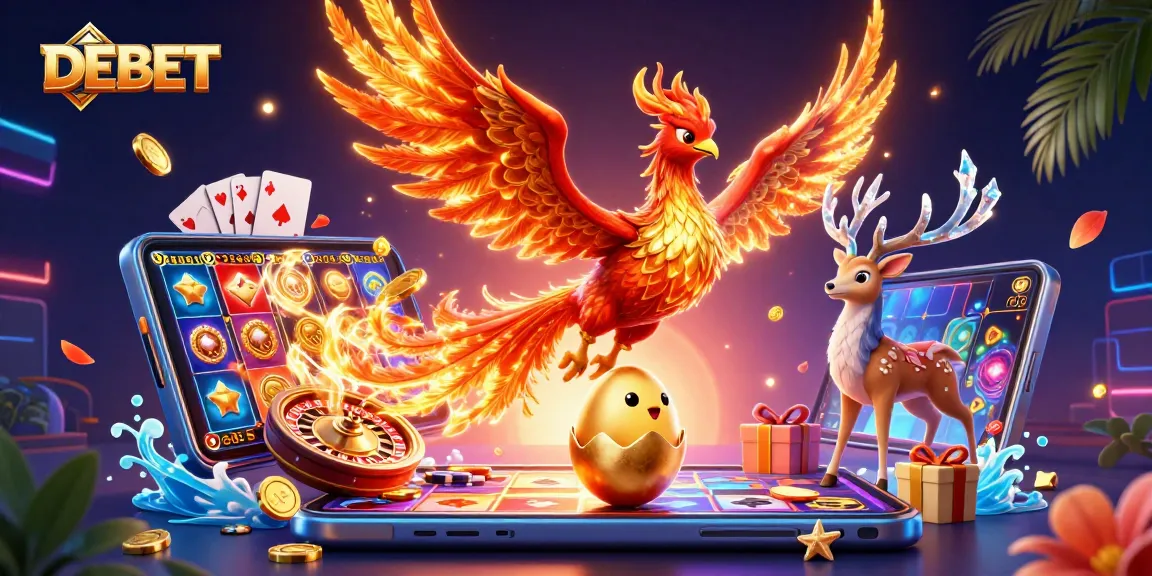 Engage with DEBET through an exciting 3D illustration showcasing dynamic gambling elements.