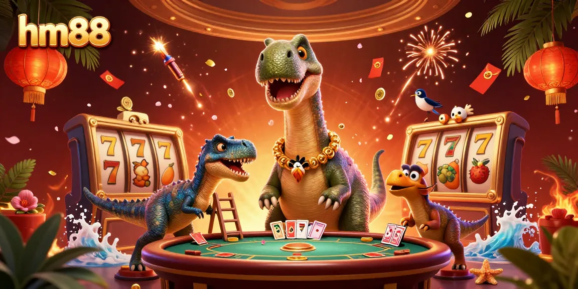 Experience thrilling gameplay with hm88 in this vibrant casino scene featuring a giant brontosaurus and dynamic slot reels.